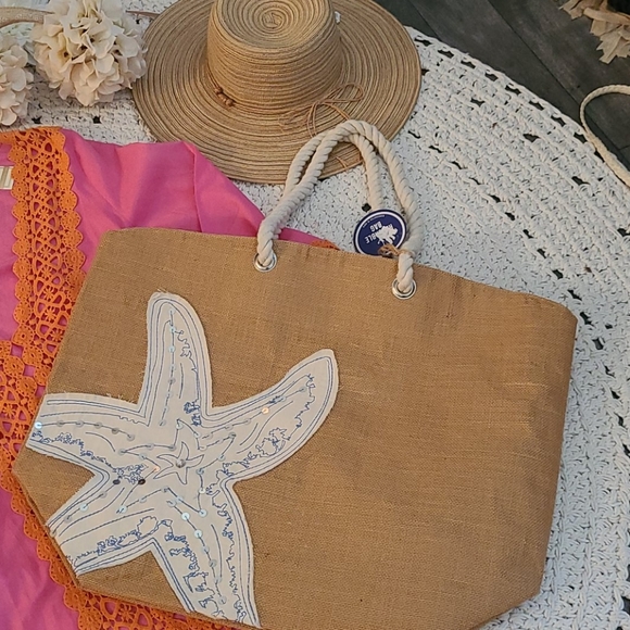 SALE NWOT LG BLUE WHITE STARFISH BEACH BURLAP BAG - Picture 13 of 16